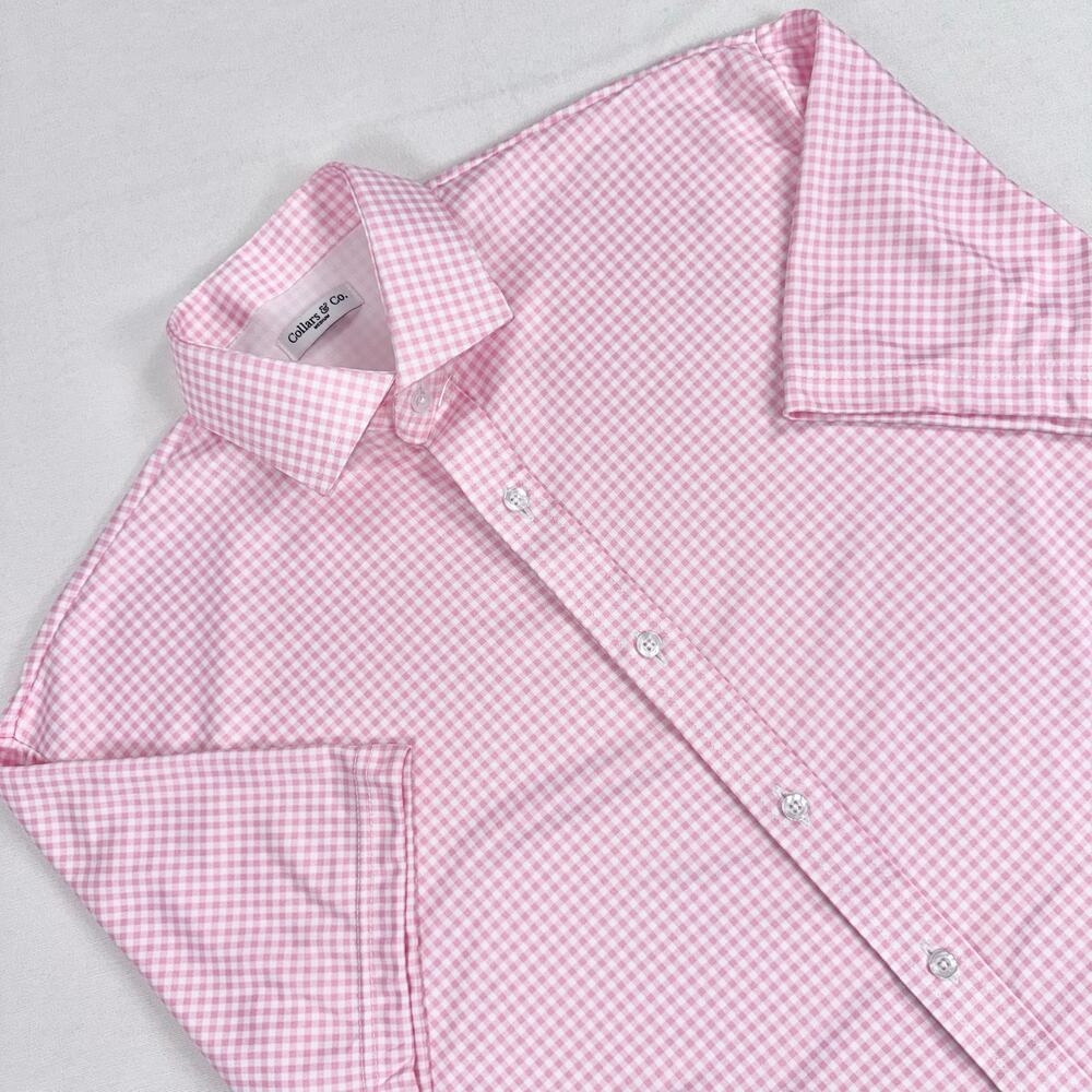 Collars & Co Quattro Flex Short Sleeve Button Down Shirt Medium Pink Gingham
